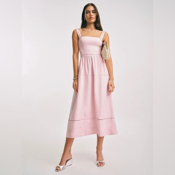 NEW Reformation Everett Linen Midi Dress Cherry Blossom Light Pink | US 6 UK 10 - Picture 14 of 15